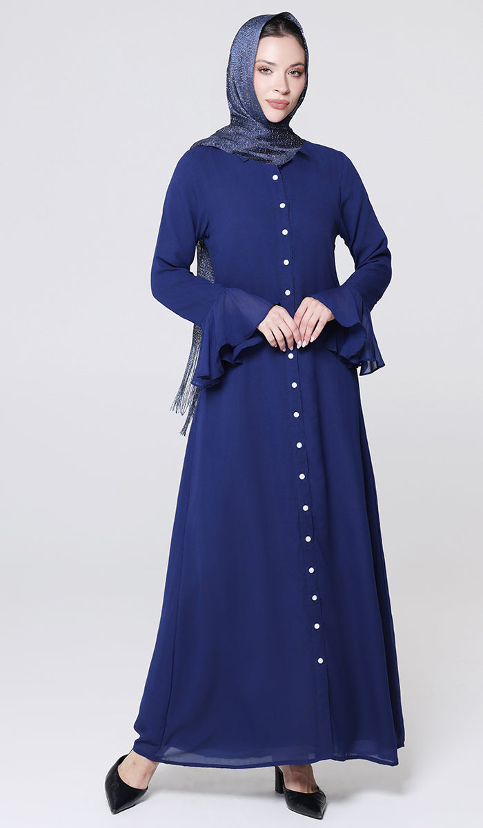 Robe longue longue modeste en mousseline de soie smockée Nadia - Noir