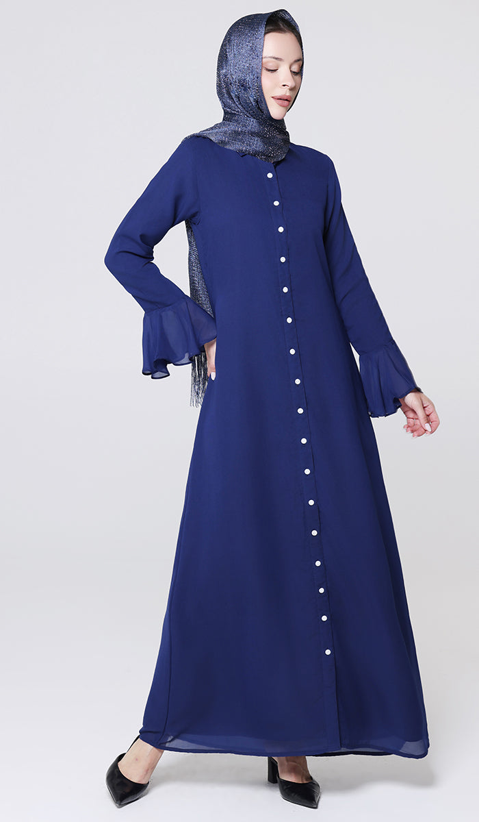 Robe longue longue modeste en mousseline de soie smockée Nadia - Noir