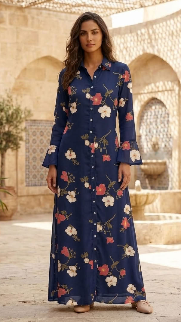 Alizeh Button Front Chiffon Modest Long Maxi Dress - Twilight Garden  - PREORDER (ships in 2 weeks)