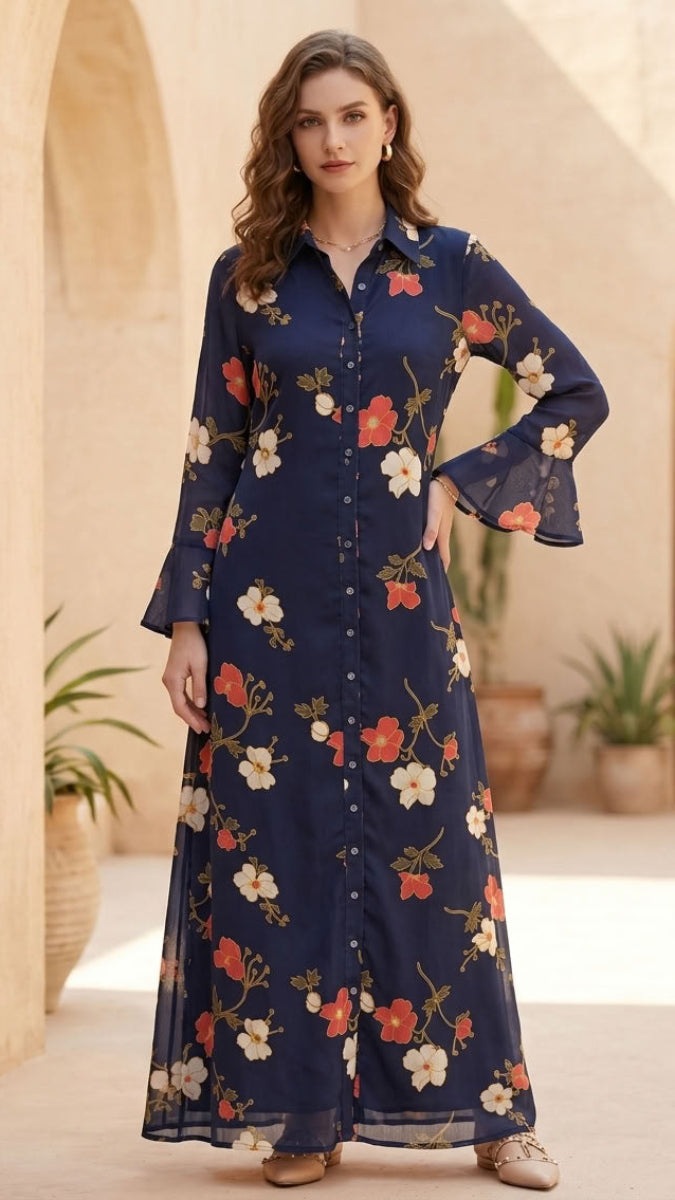 A woman models a navy blue long-sleeve maxi dress with a vibrant floral print of red, orange, and white flowers, set against a warm beige stone archway background.