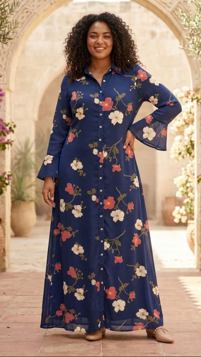 A woman stands in a sunlit courtyard with stone arches and potted plants, wearing a long navy maxi shirt dress with a white, pink, and peach floral print. The dress has a button-down front and wide sleeves.
