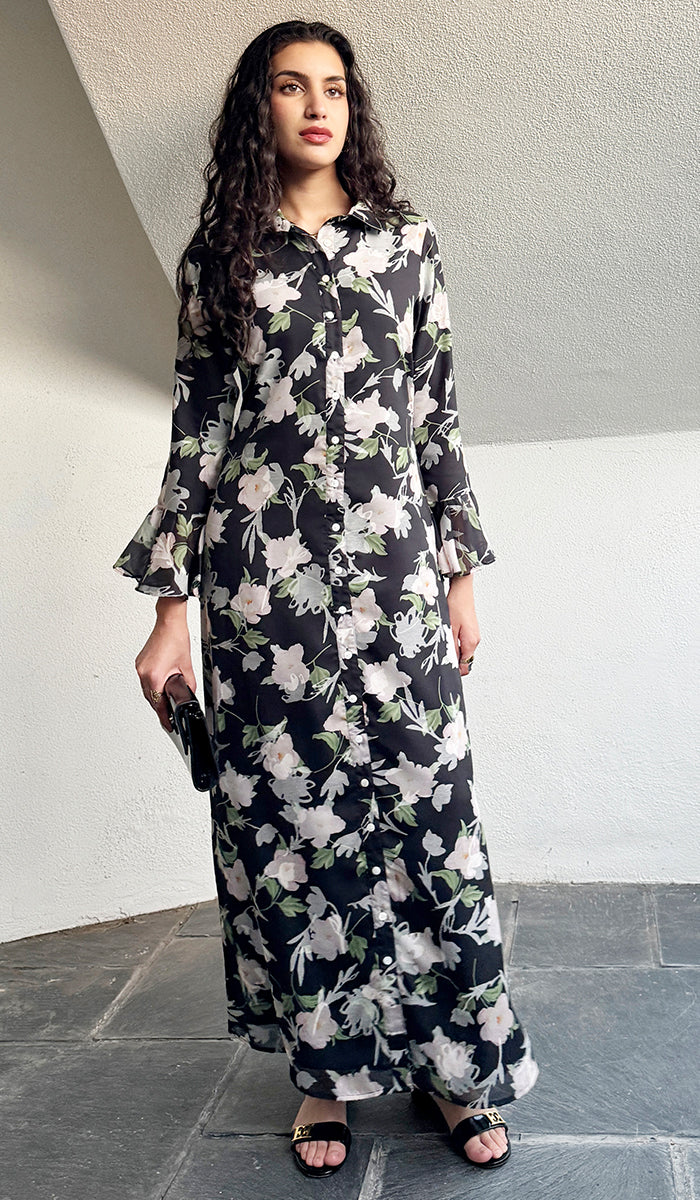 Alizeh Button Front Chiffon Modest Long Maxi Dress - Rose Noir - PREORDER (ships in 2 weeks)