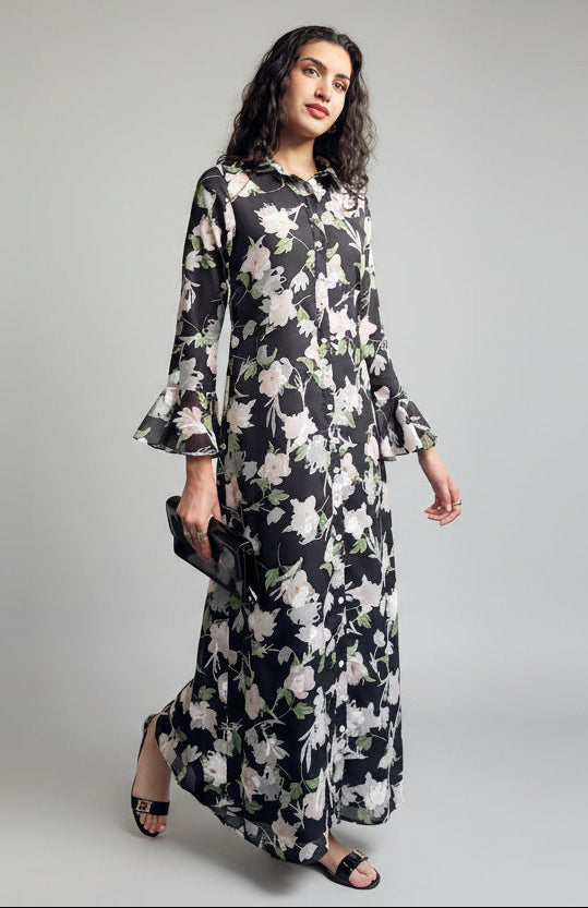 Alizeh Button Front Chiffon Modest Long Maxi Dress - Rose Noir | Modest Muslim Dresses | Artizara ARTIZARA.COM Alizeh Button Front Chiffon Modest Long Maxi Dress - Rose Noir | Modest Muslim Dresses | Artizara ARTIZARA.COM