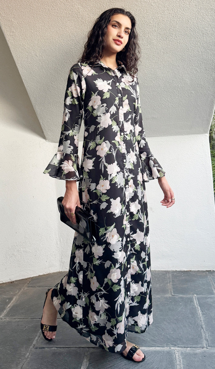 Alizeh Button Front Chiffon Modest Long Maxi Dress - Rose Noir - PREORDER (ships in 2 weeks)