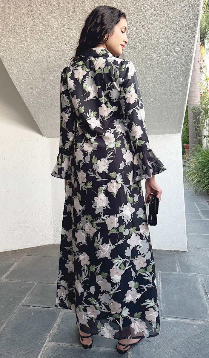 Alizeh Button Front Chiffon Modest Long Maxi Dress - Rose Noir - PREORDER (ships in 2 weeks)