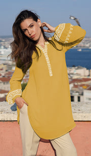 Amalie Embroidered Long Modest Tunic - Saffron - PREORDER (ships in 2 weeks)