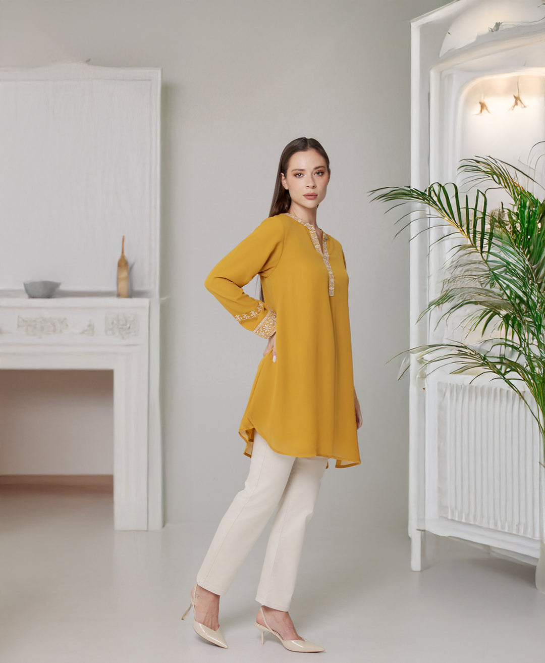 Amalie Embroidered Long Modest Tunic - Saffron