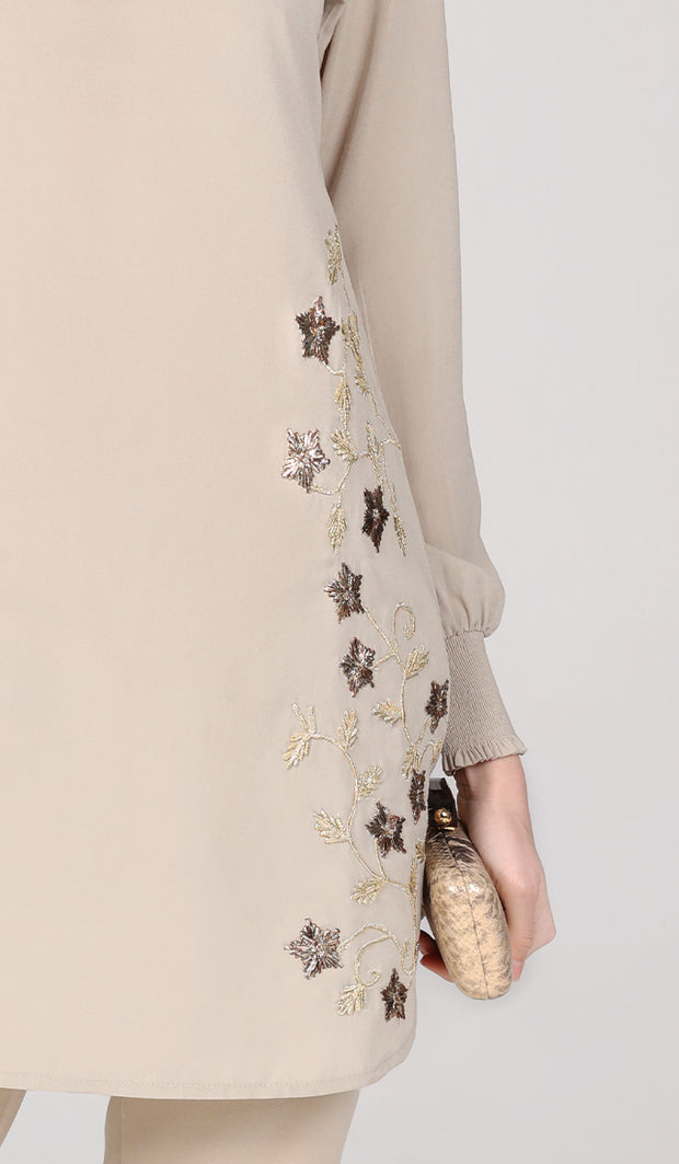 Amina Embroidered Formal Long Modest Tunic - Golden Sand