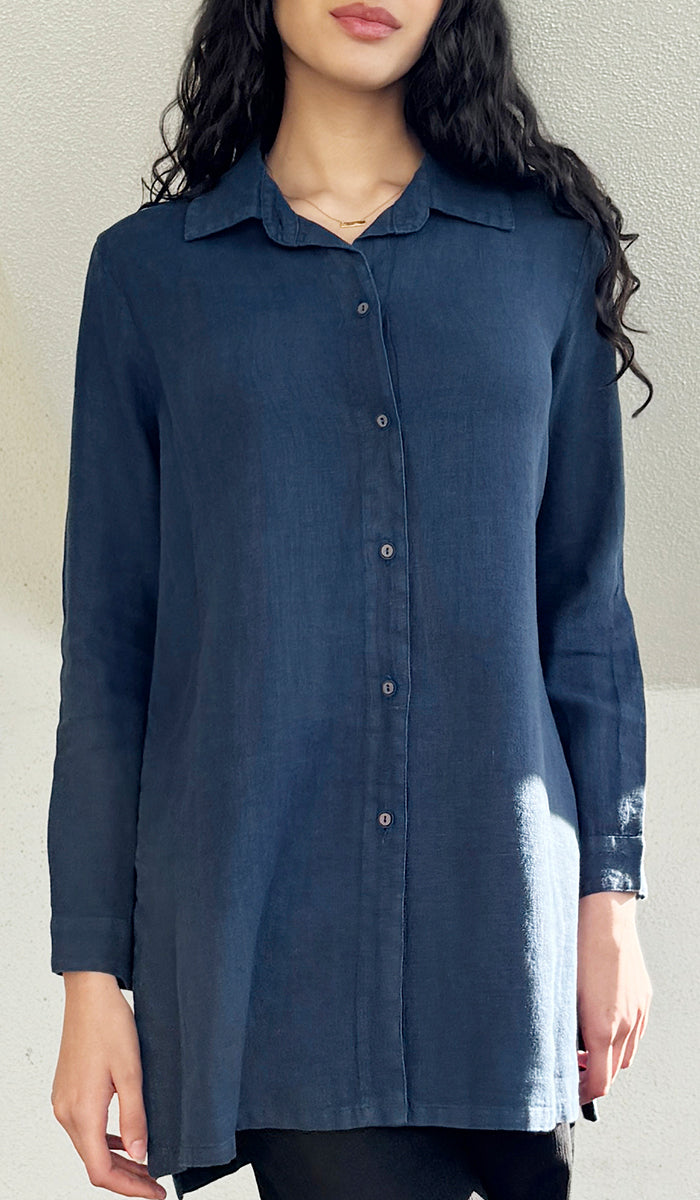 Amira French Linen Buttondown Shirt Jacket - Cobalt