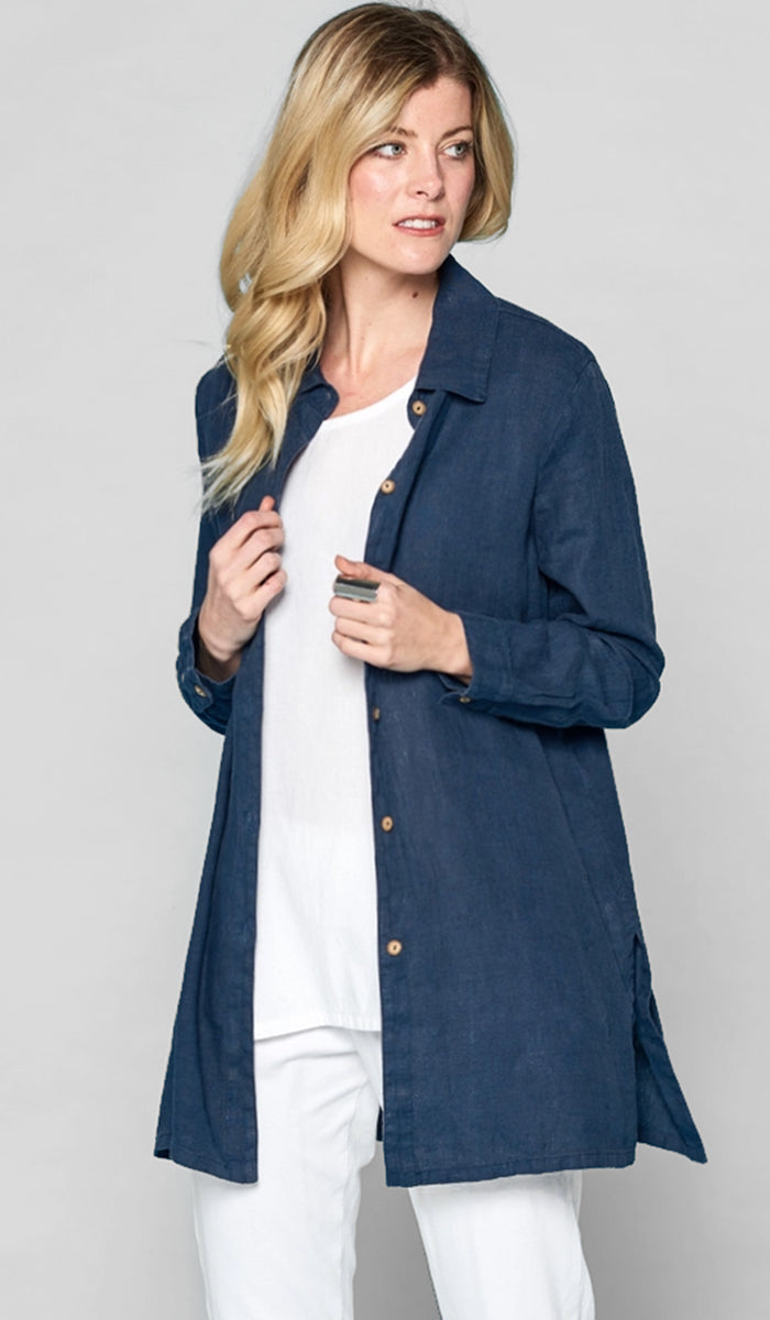 Amira French Linen Buttondown Shirt Jacket - Cobalt