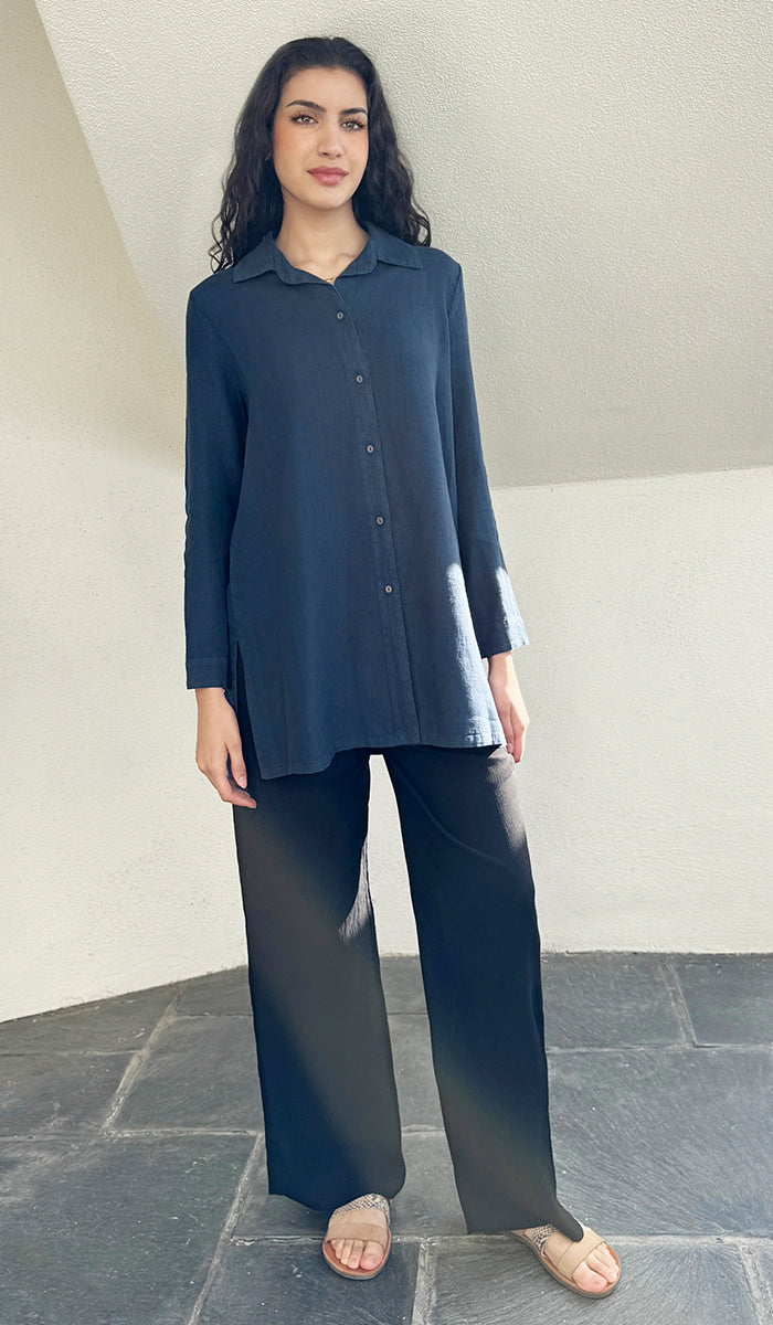 Amira French Linen Buttondown Shirt Jacket - Cobalt