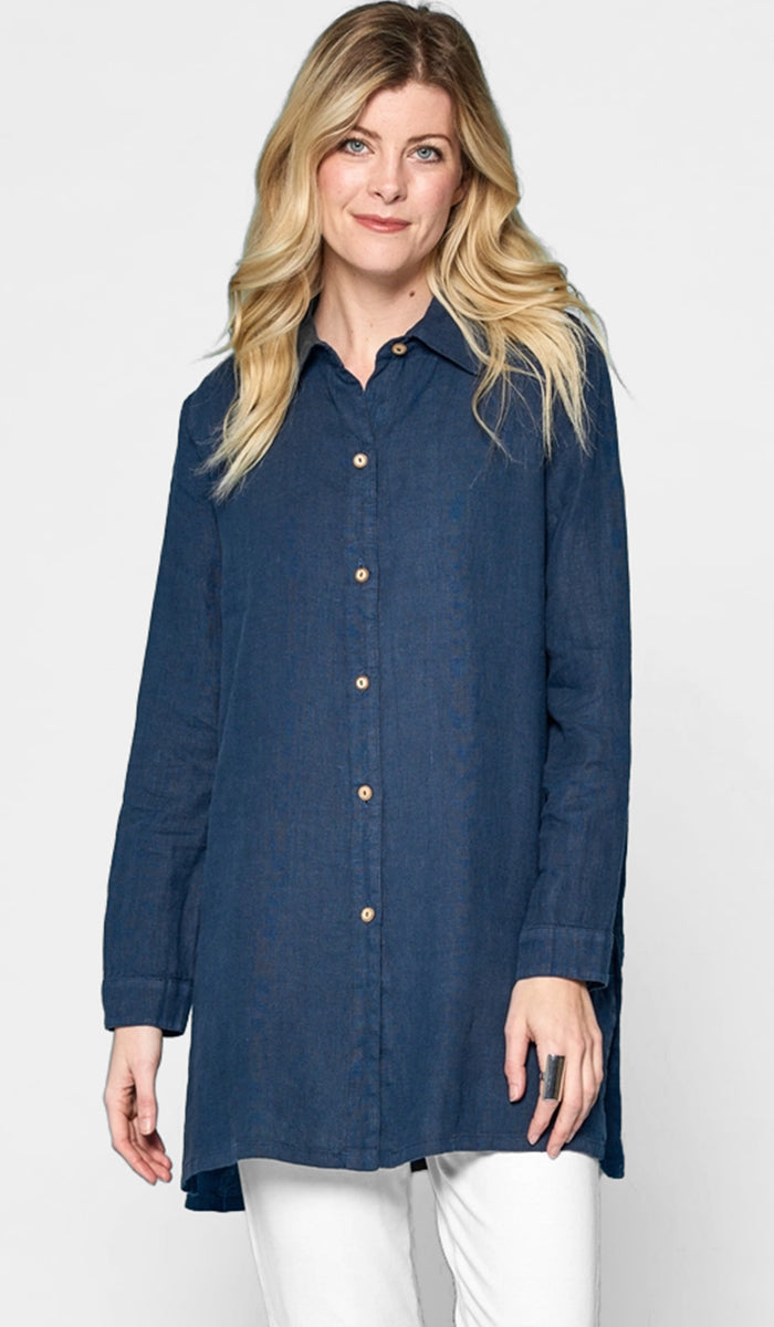 Amira French Linen Buttondown Shirt Jacket - Cobalt