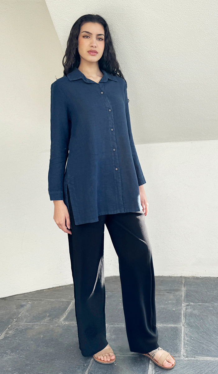 Amira French Linen Buttondown Shirt Jacket - Cobalt