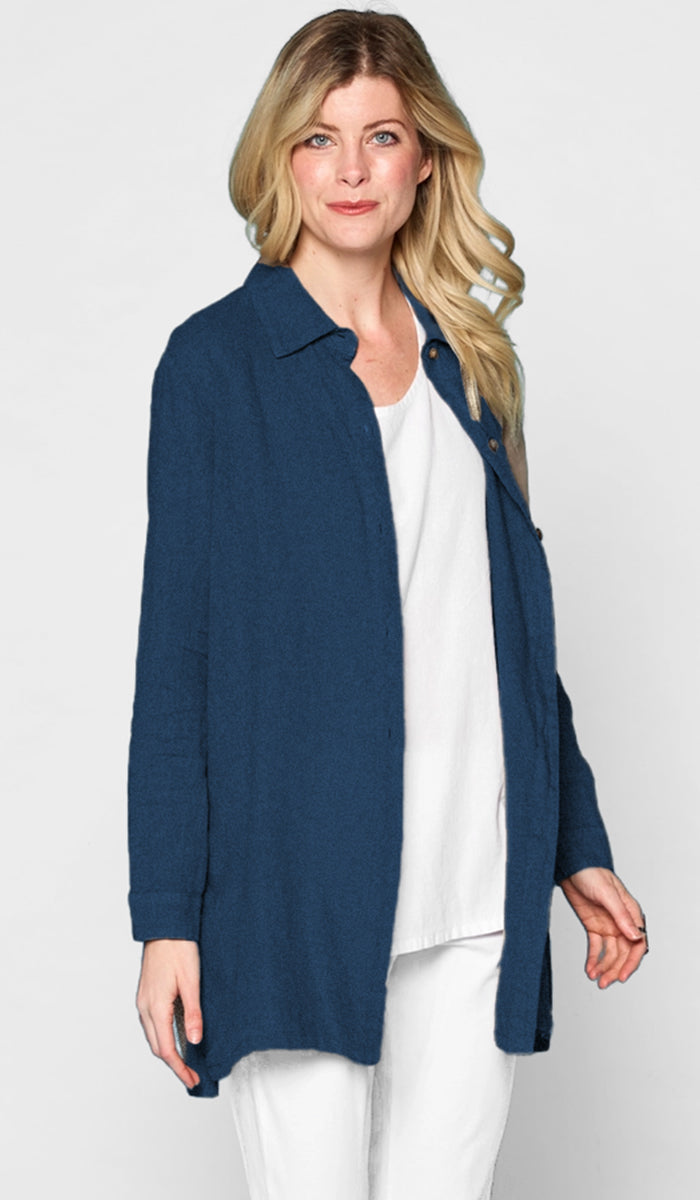 Amira French Linen Buttondown Shirt Jacket - Cobalt