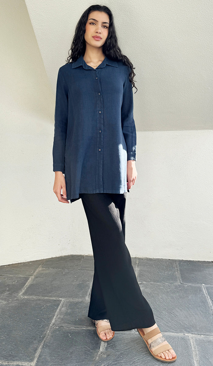 Amira French Linen Buttondown Shirt Jacket - Cobalt