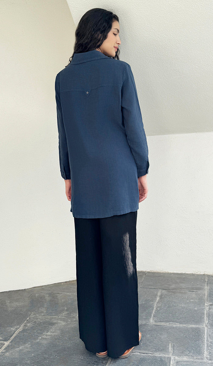 Amira French Linen Buttondown Shirt Jacket - Cobalt