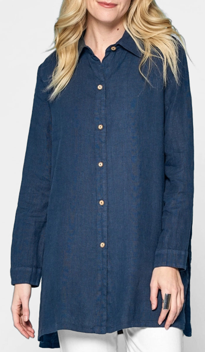 Amira French Linen Buttondown Shirt Jacket - Cobalt