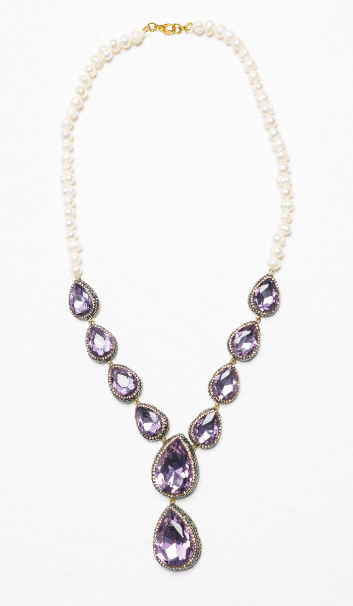 Amira Jeweled Statement Necklace - Purple/Pearl - FINAL SALE