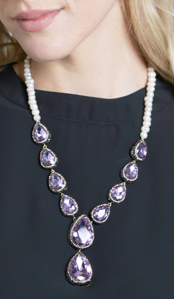 Amira Jeweled Statement Necklace - Purple/Pearl - FINAL SALE