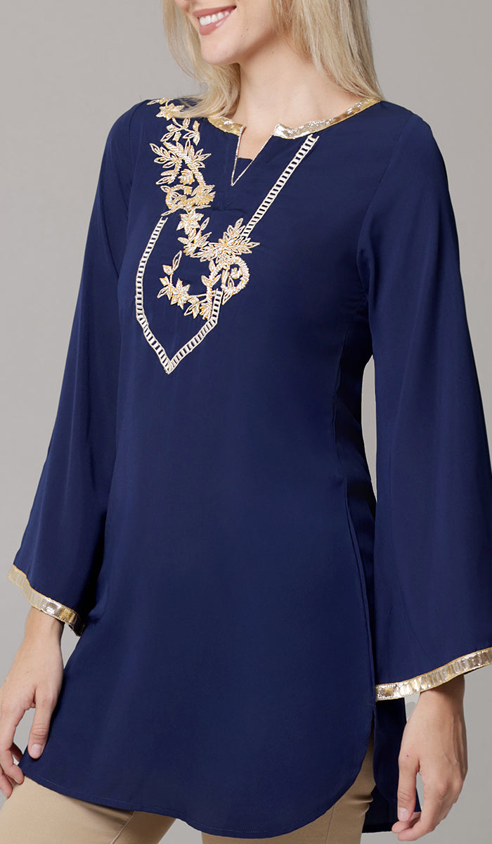 Ana Gold Embellished Modest Formal Tunic - Navy
