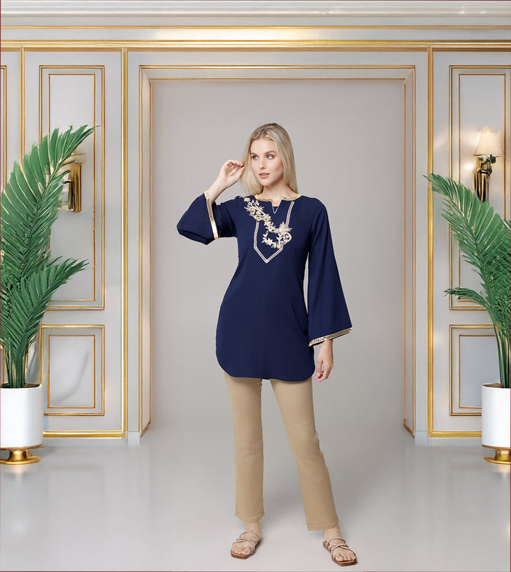 Ana Gold Embellished Modest Formal Tunic - Navy
