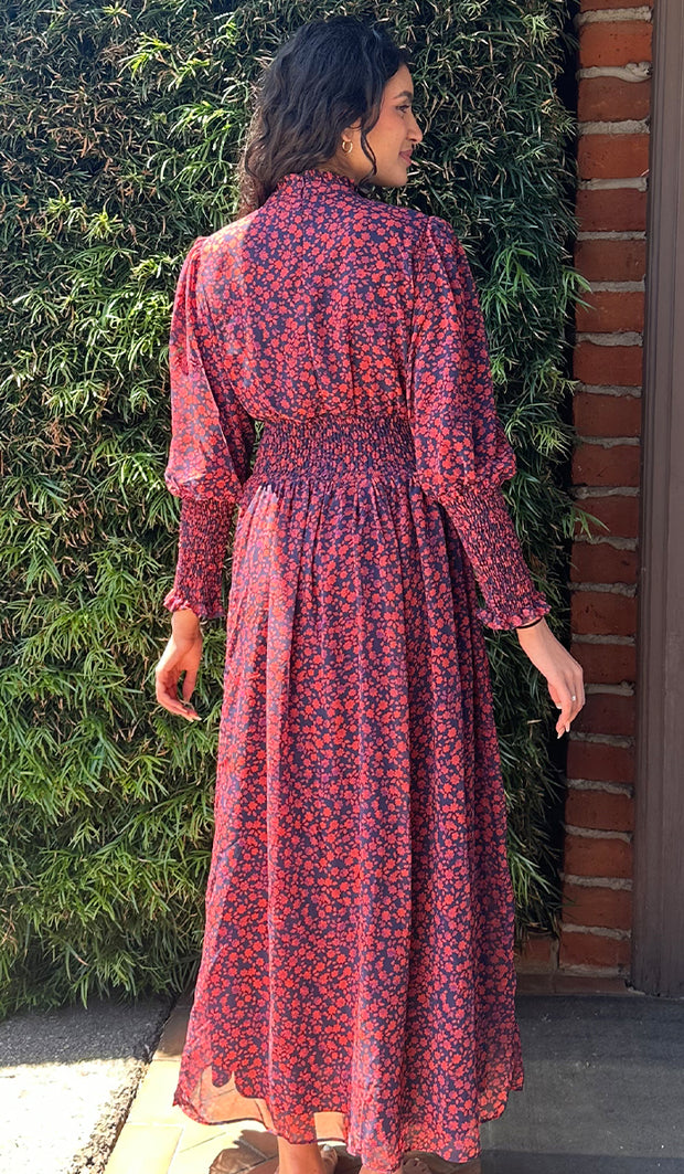 Anisa Modest Long Floral Print Elastic Waist Maxi Dress - Red Floral