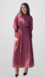 Anisa Modest Long Floral Print Elastic Waist Maxi Dress - Red Floral