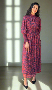 Anisa Modest Long Floral Print Elastic Waist Maxi Dress - Red Floral
