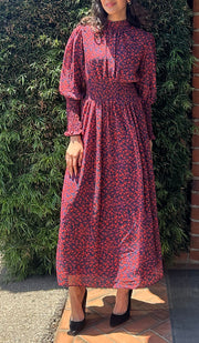 Anisa Modest Long Floral Print Elastic Waist Maxi Dress - Red Floral