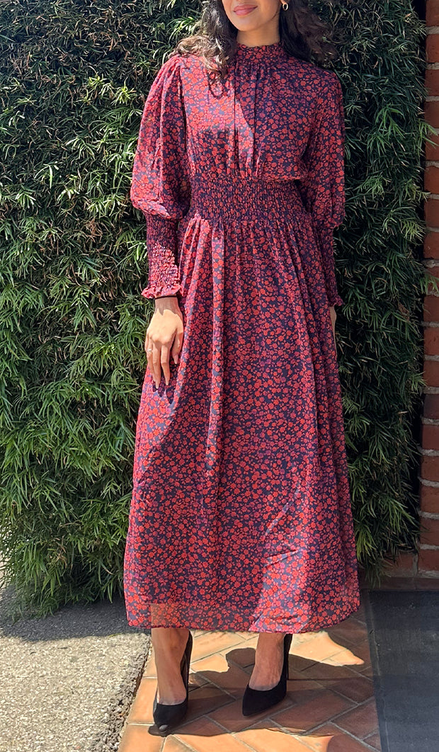 Anisa Modest Long Floral Print Elastic Waist Maxi Dress - Red Floral