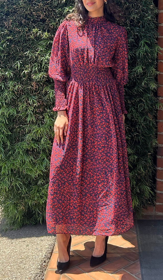 Robe longue longue modeste à imprimé floral Anisa à taille élastique - Floral rouge