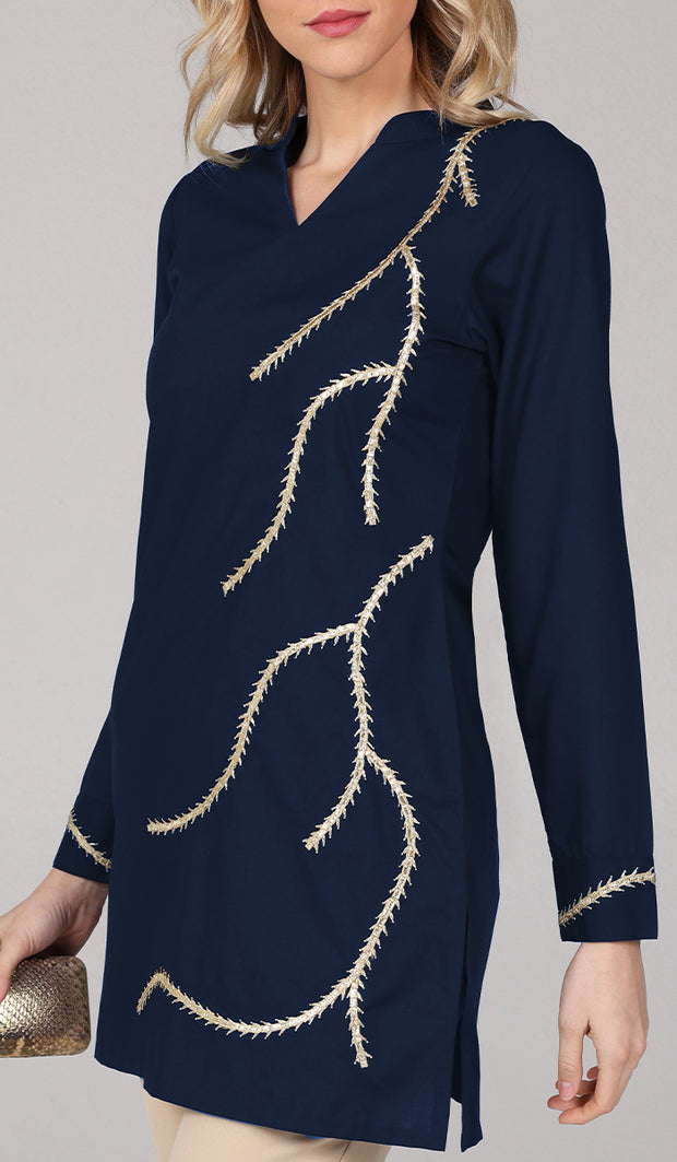 Anjum Gold Embellished Long Modest Tunic - Blue Black