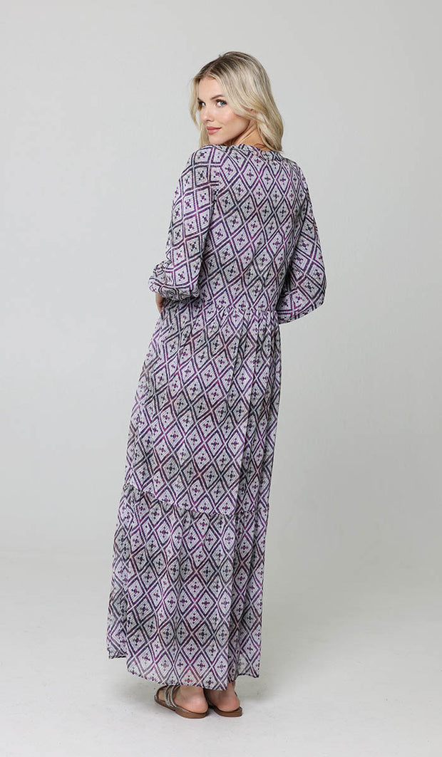 Armine - Robe longue modeste imprimée à plusieurs niveaux - Violet