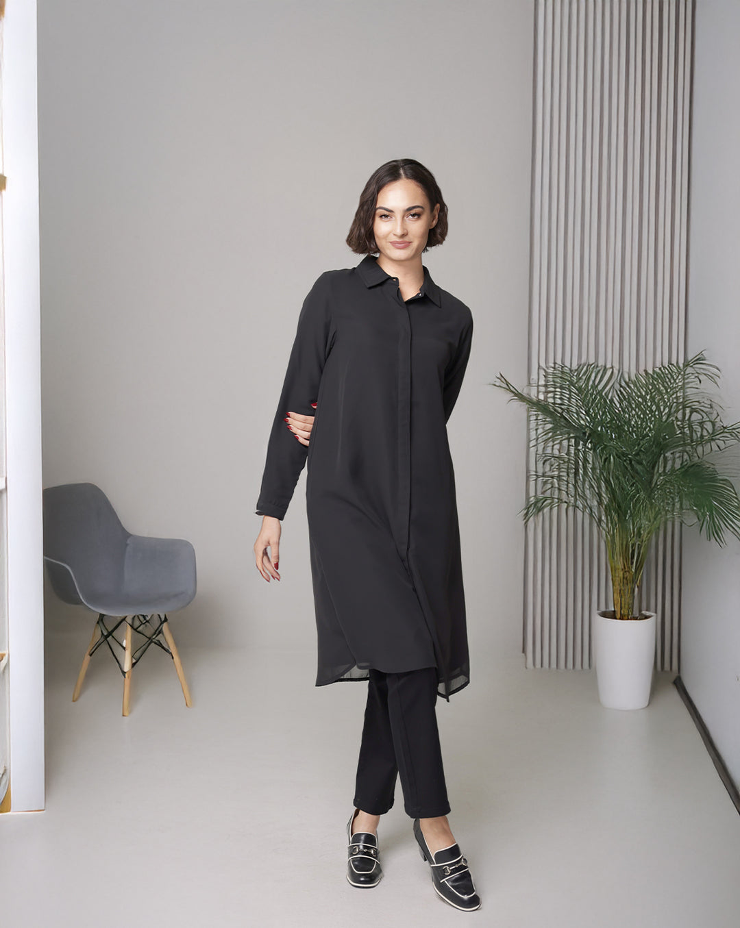 Farda - Veste chemise longue fluide boutonnée - Marine