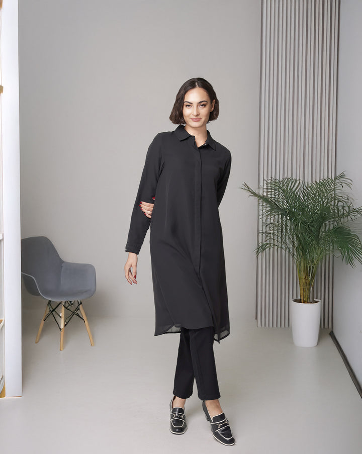 Farda - Veste chemise longue fluide boutonnée - Marine