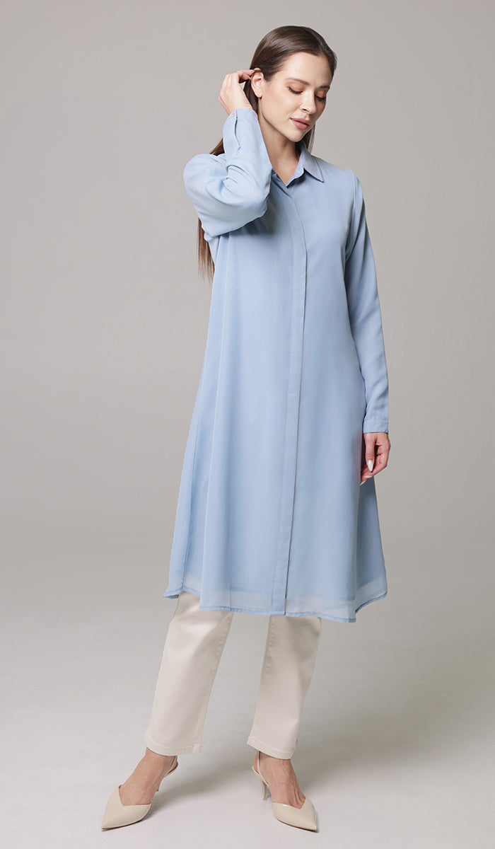 Asra Powder Blue Long Flowy Buttondown Shirt Jacket | Modest Islamic Clothing