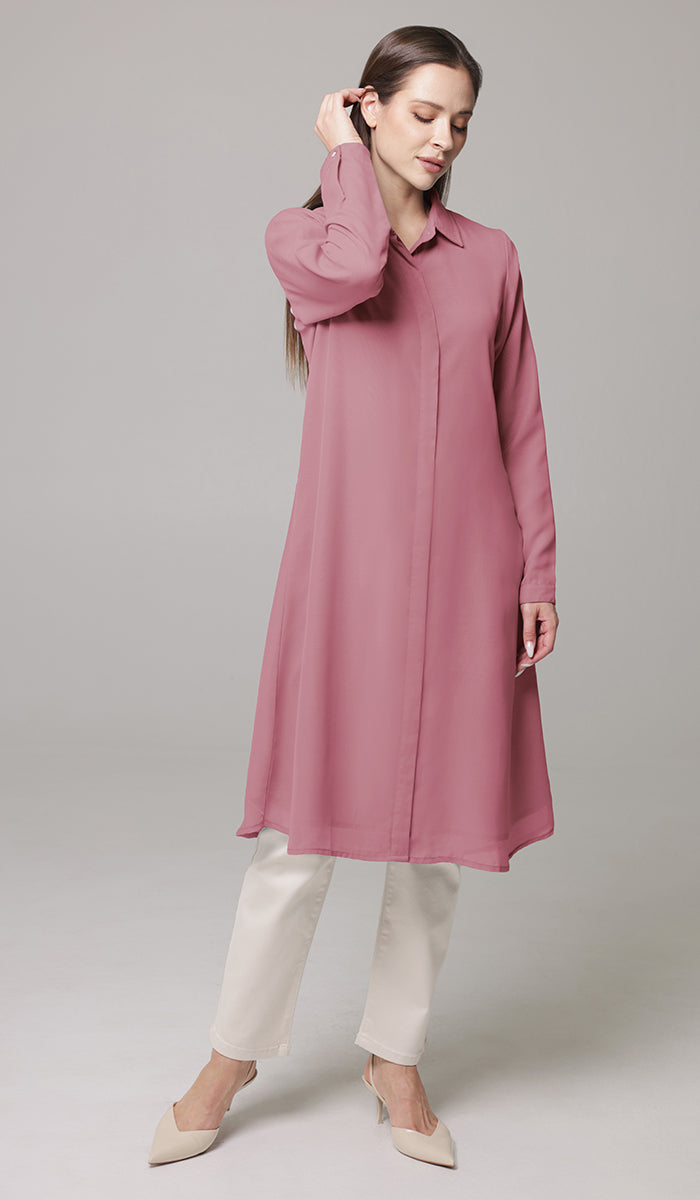 Asra Long Flowy Buttondown Shirt Jacket - Rose