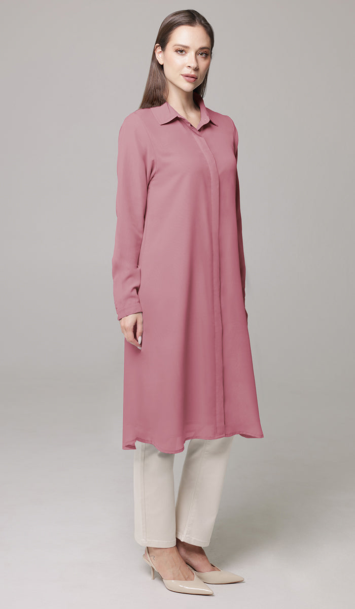 Asra Long Flowy Buttondown Shirt Jacket - Rose