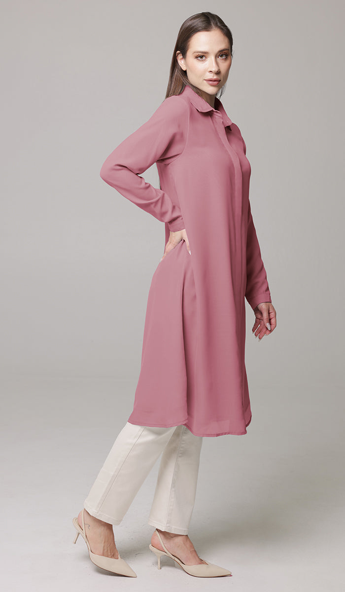 Asra Long Flowy Buttondown Shirt Jacket - Rose