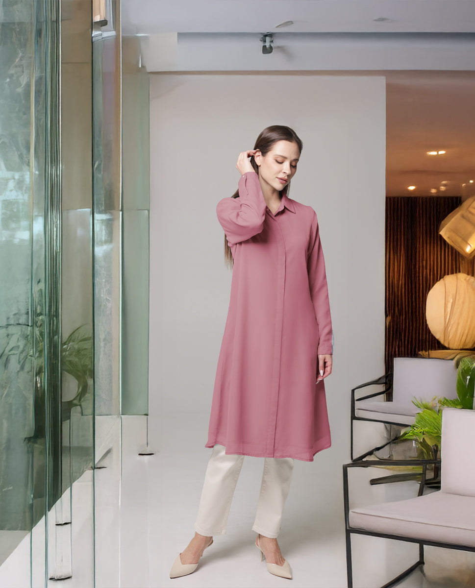 Asra Long Flowy Buttondown Shirt Jacket - Rose