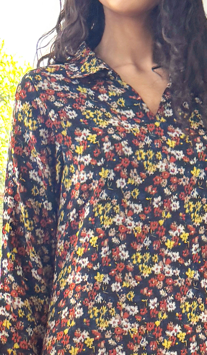 Avila Collar Print Chiffon Modest Long Maxi Dress - Floral Noir - PREORDER (ships in 2 weeks)
