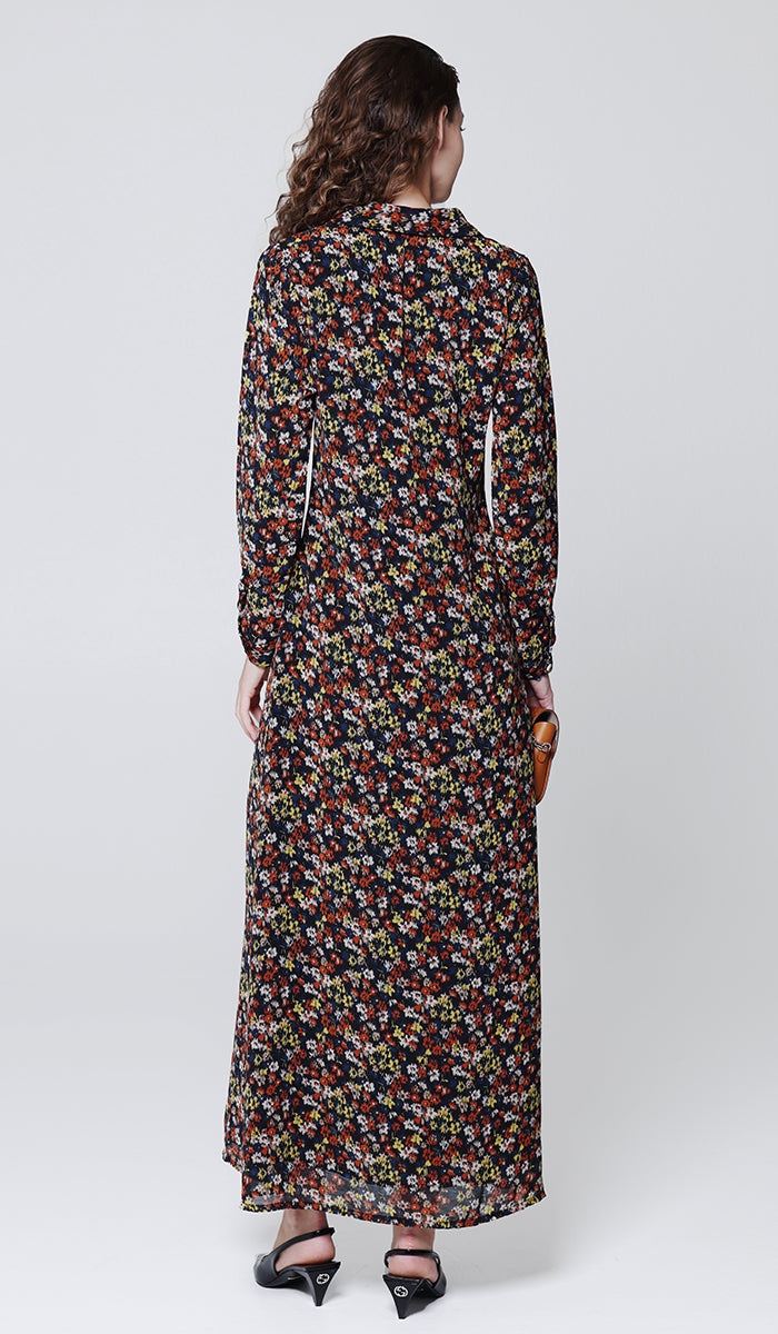 Robe longue longue modeste en mousseline de soie smockée Nadia - Noir