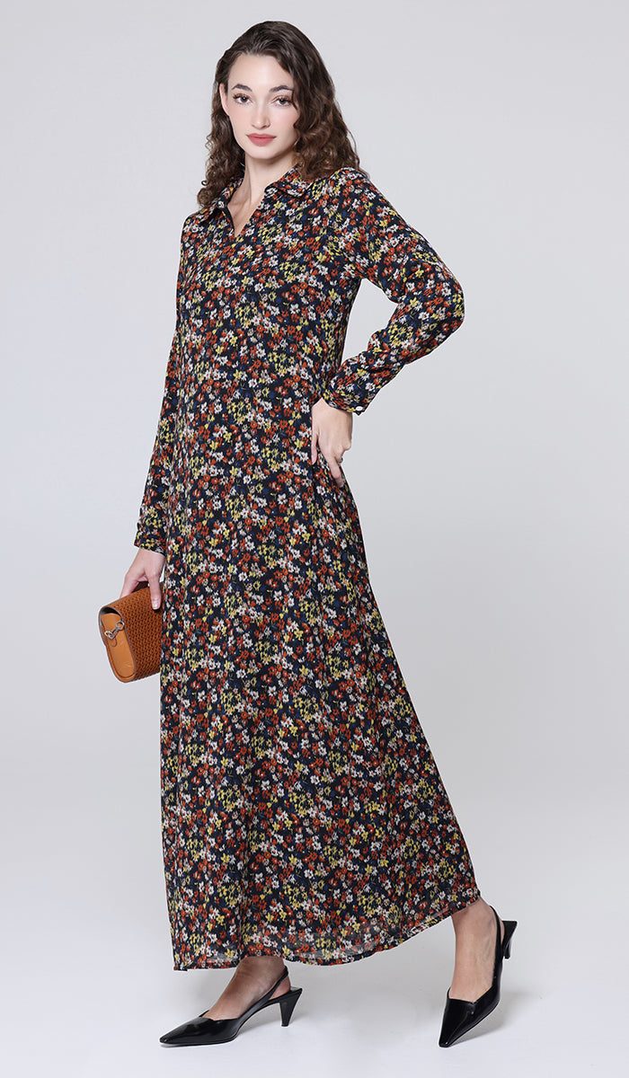 Robe longue longue modeste en mousseline de soie smockée Nadia - Noir