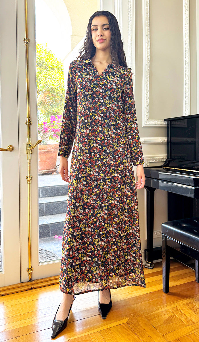 Avila Collar Print Chiffon Modest Long Maxi Dress - Floral Noir - PREORDER (ships in 2 weeks)