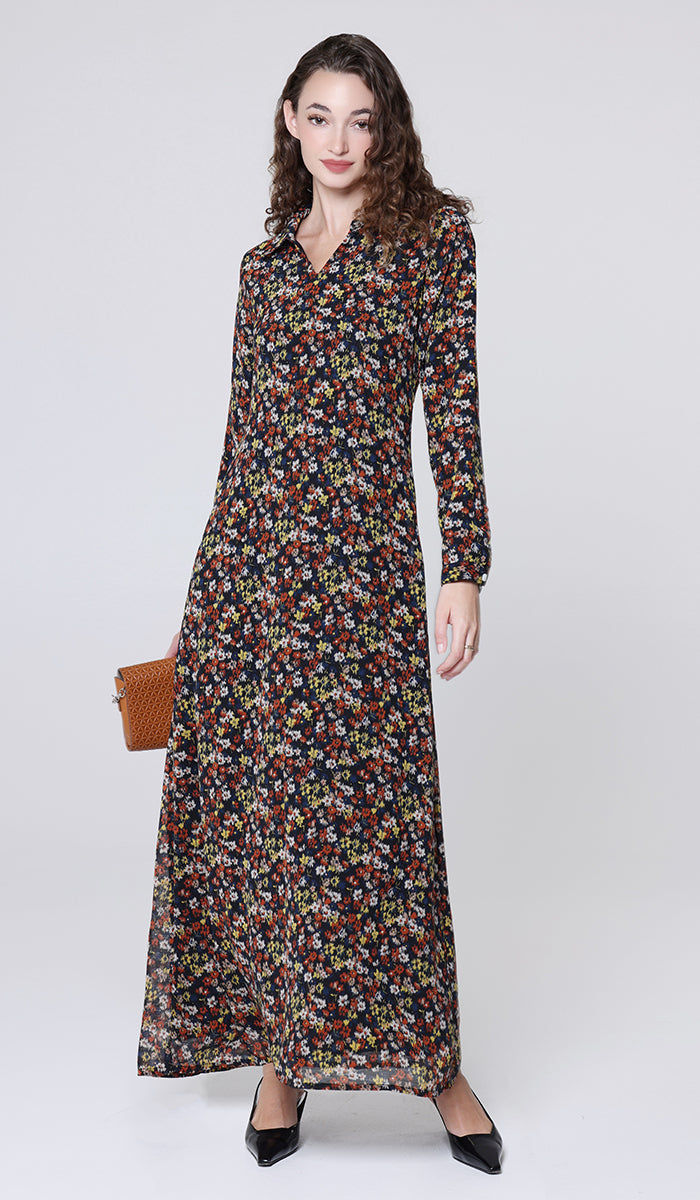 Robe longue longue modeste en mousseline de soie smockée Nadia - Noir