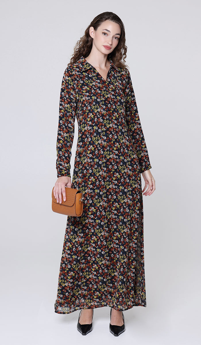 Robe longue longue modeste en mousseline de soie smockée Nadia - Noir