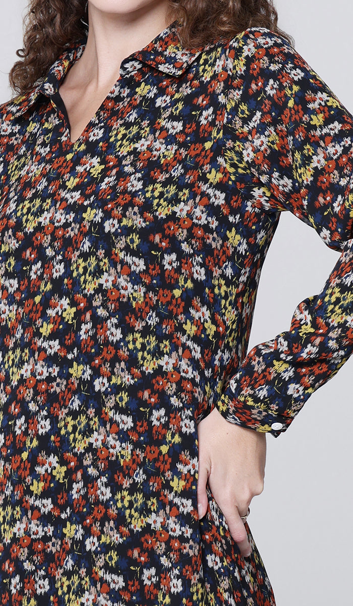 Robe longue longue modeste en mousseline de soie smockée Nadia - Noir