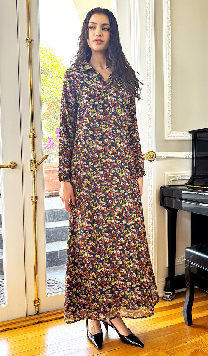 Avila Collar Print Chiffon Modest Long Maxi Dress - Floral Noir - PREORDER (ships in 2 weeks)