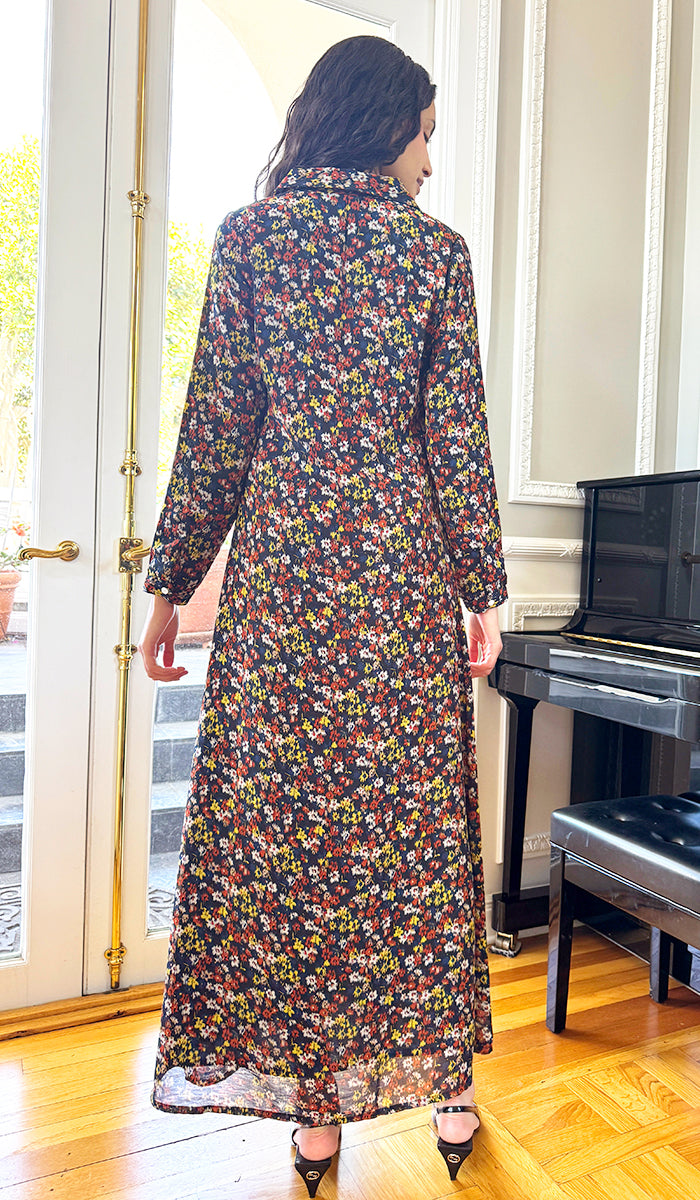 Avila Collar Print Chiffon Modest Long Maxi Dress - Floral Noir - PREORDER (ships in 2 weeks)