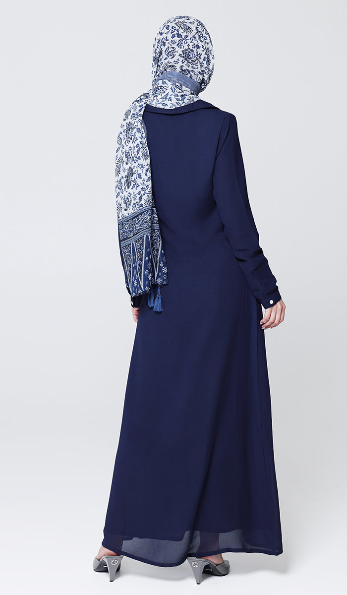Robe longue longue modeste en mousseline de soie smockée Nadia - Noir